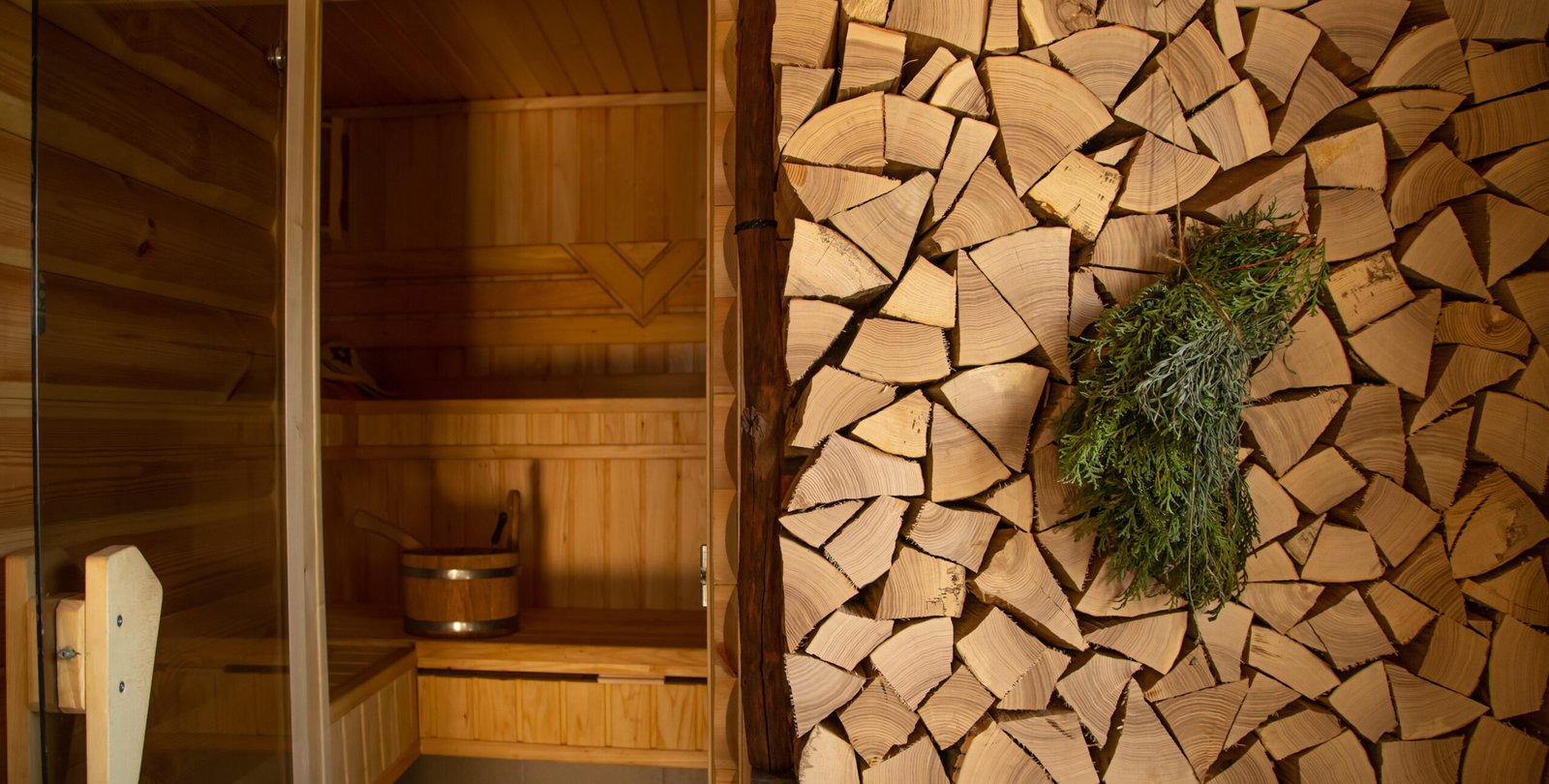 Interior of a wooden Russian sauna with traditional items for use KTK Home Boutique